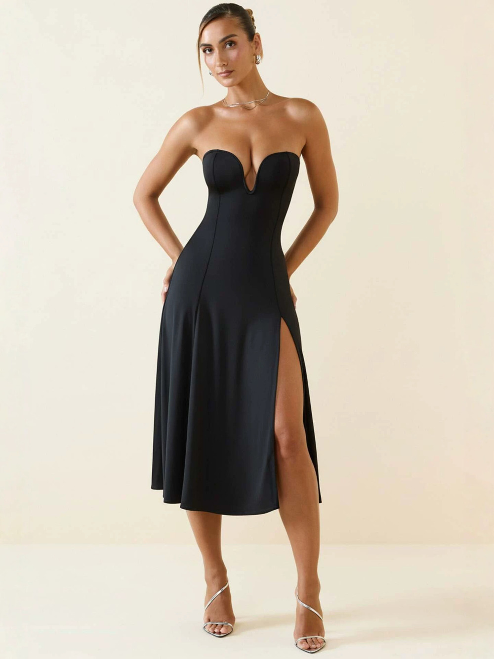 Zara Strapless Midi Dress Deep V High Slit Bodycon Stretchy Evening Gown